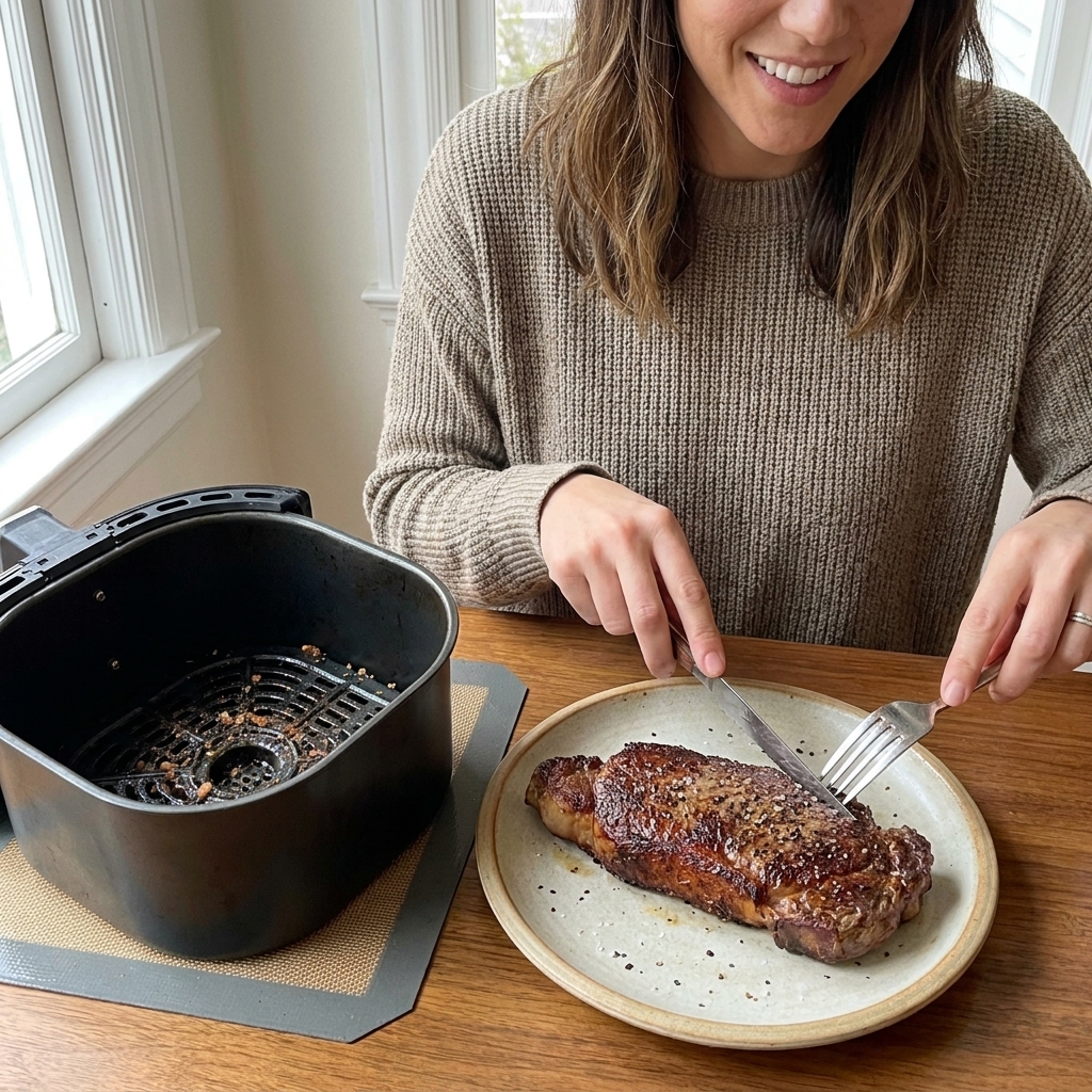 A New York strip steak with a browned crust sitting on a plate next to an air fryer basket, seasoned simply with salt and pepper