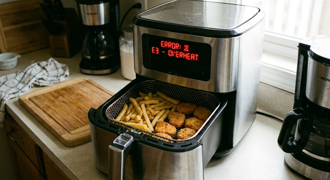 A basket-style air fryer on a kitchen counter with its digital display lit up showing an error message