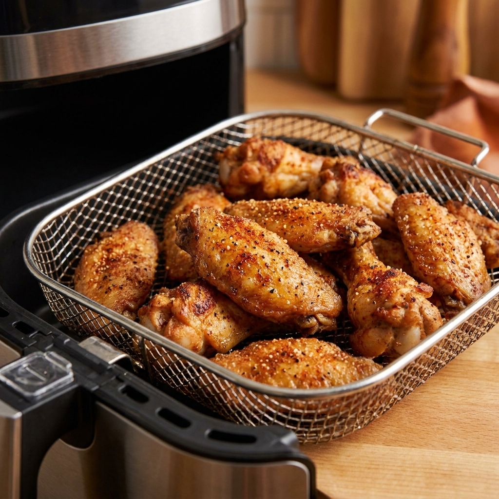 A batch of crispy chicken wings in an air fryer basket with browned skin and visible seasoning flecks