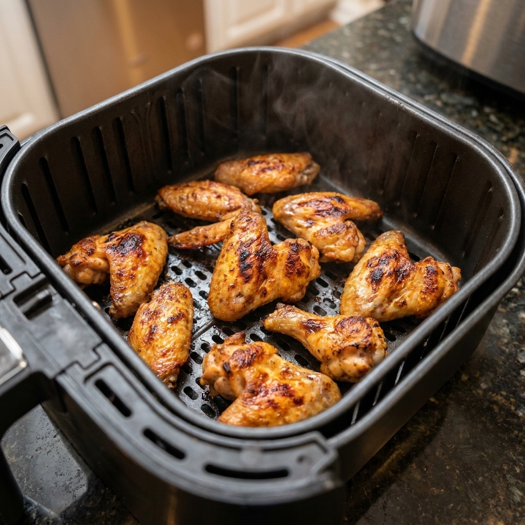 A batch of reheated chicken wings in an air fryer basket, skin looking blistered and crispy with light browning