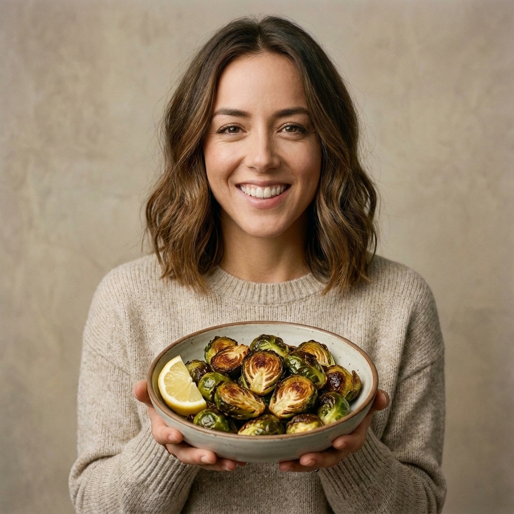 A bowl of air-fried Brussels sprouts with deep golden edges and a lemon wedge