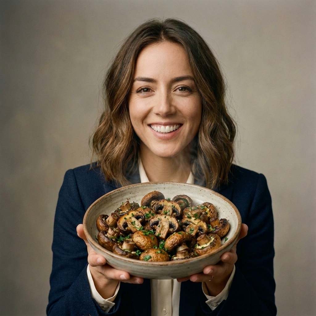 A bowl of air-fried cremini mushrooms with browned edges and a light coating of garlic butter