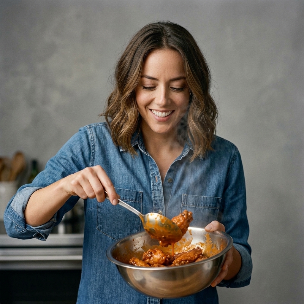 A bowl of crispy chicken wings being tossed with glossy buffalo sauce using a spoon, with steam rising