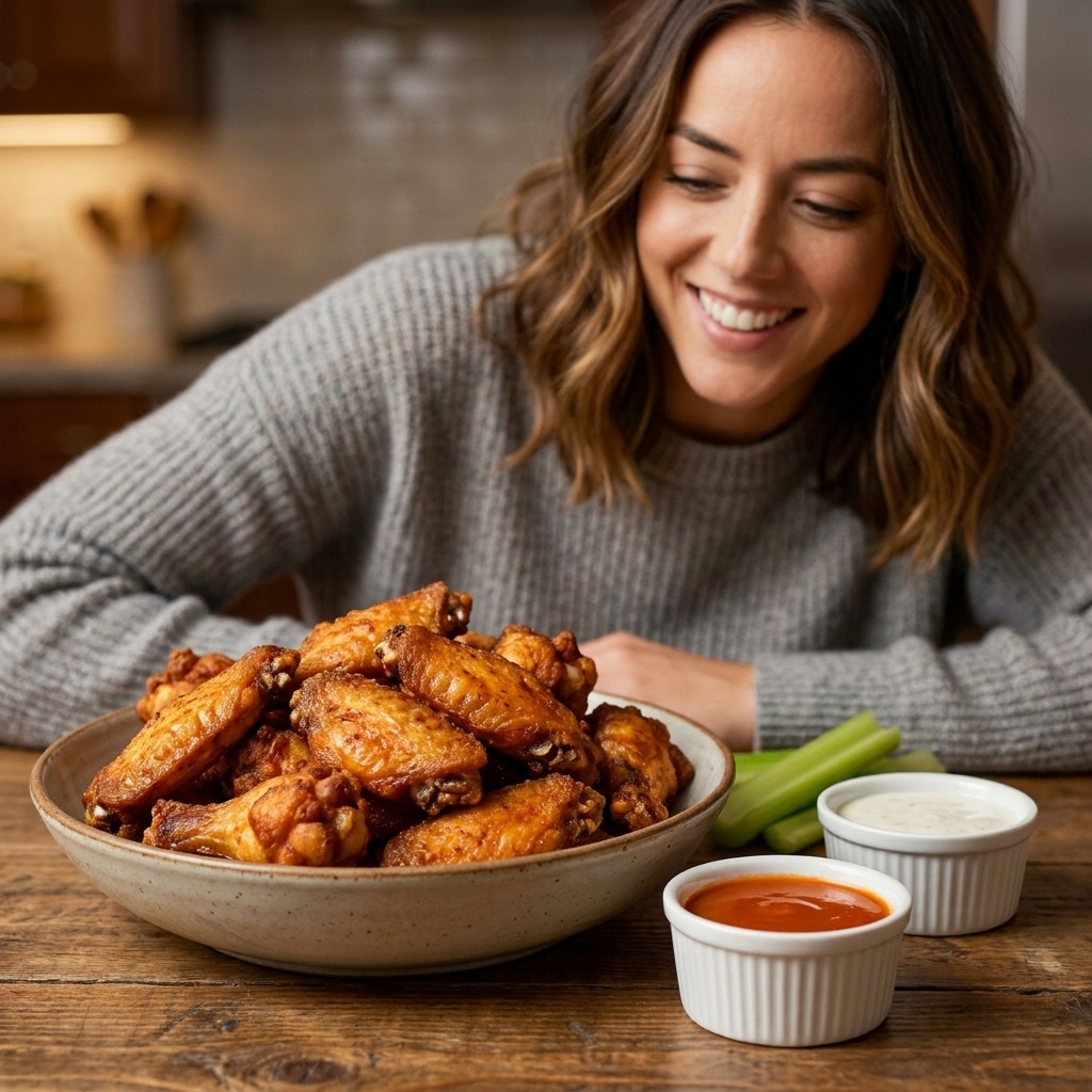 A bowl piled with crispy air fryer chicken wings next to small ramekins of buffalo sauce and ranch on a wooden table