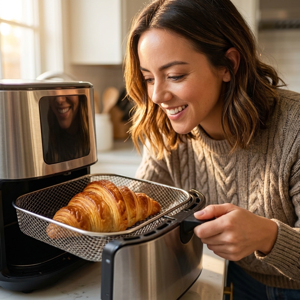 A butter croissant warming in an air fryer basket, exterior turning crisp and flaky