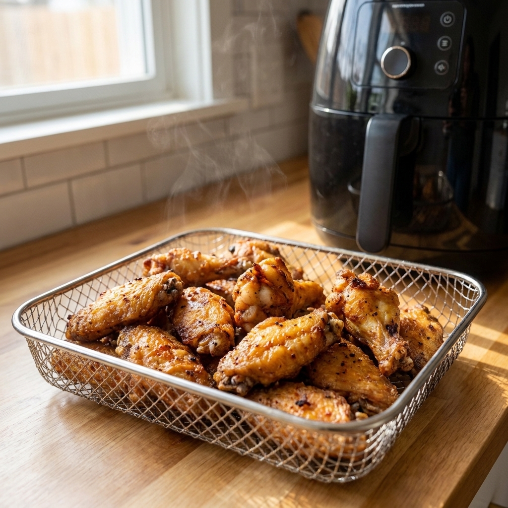 A close-up of crispy air-fried chicken pieces resting in an air fryer basket on a kitchen counter