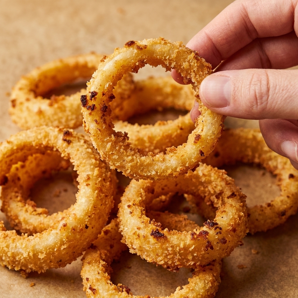 A close-up of crispy golden air fryer onion rings with panko crust, showing crunchy texture and browned edges