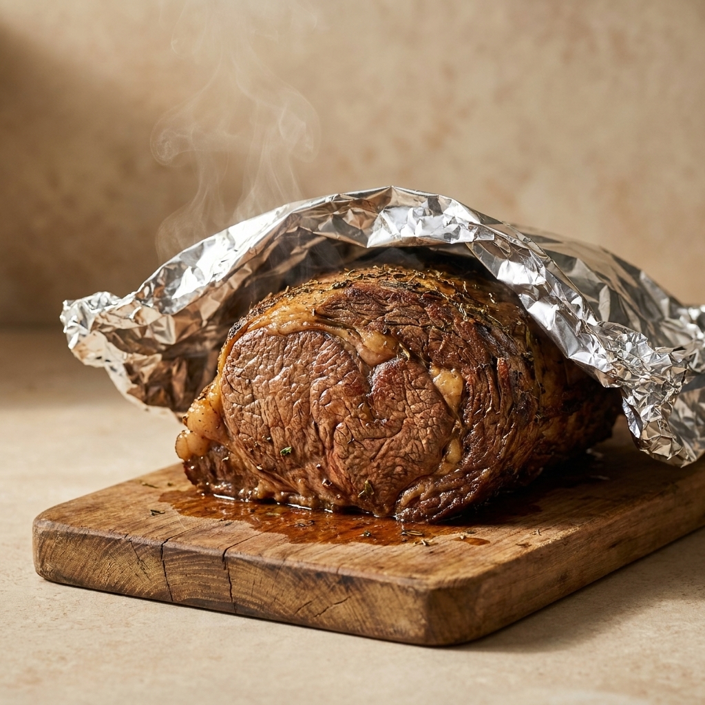 A cooked beef roast resting under loose foil on a wooden cutting board