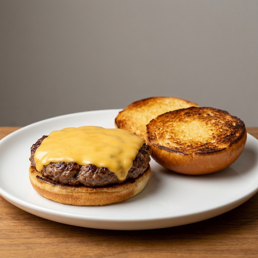 A cooked cheeseburger patty topped with melted American cheese resting on a plate next to a toasted bun