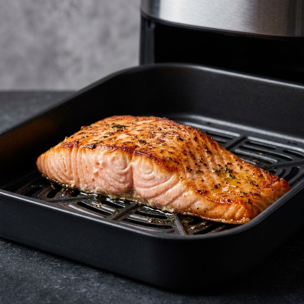 A cooked salmon fillet in an air fryer basket, gently reheating with the surface slightly crisp and the center still moist