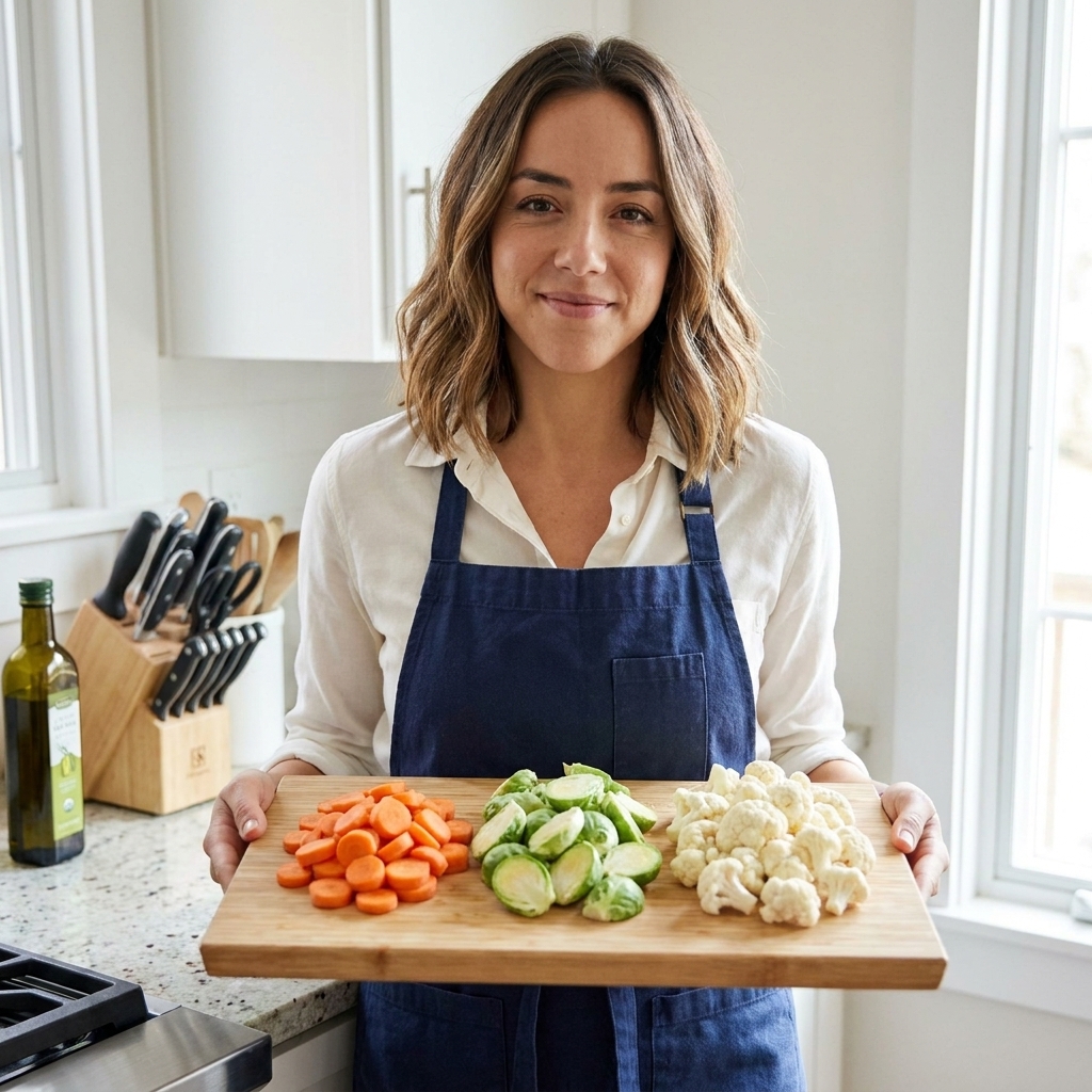 A cutting board with evenly cut carrots, Brussels sprouts halves, and cauliflower florets arranged in neat piles