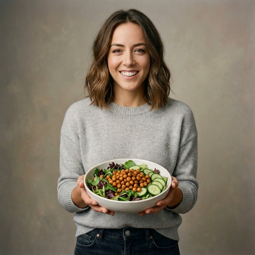 A green salad topped with crispy roasted chickpeas and sliced cucumbers in a white bowl