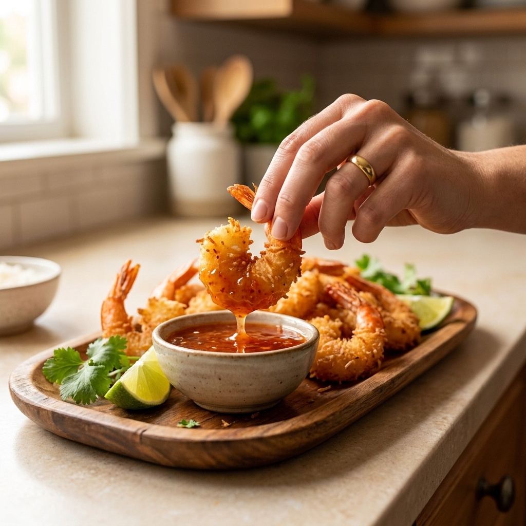 A hand dipping a crispy coconut shrimp into a small bowl of sweet chili dipping sauce on a serving platter