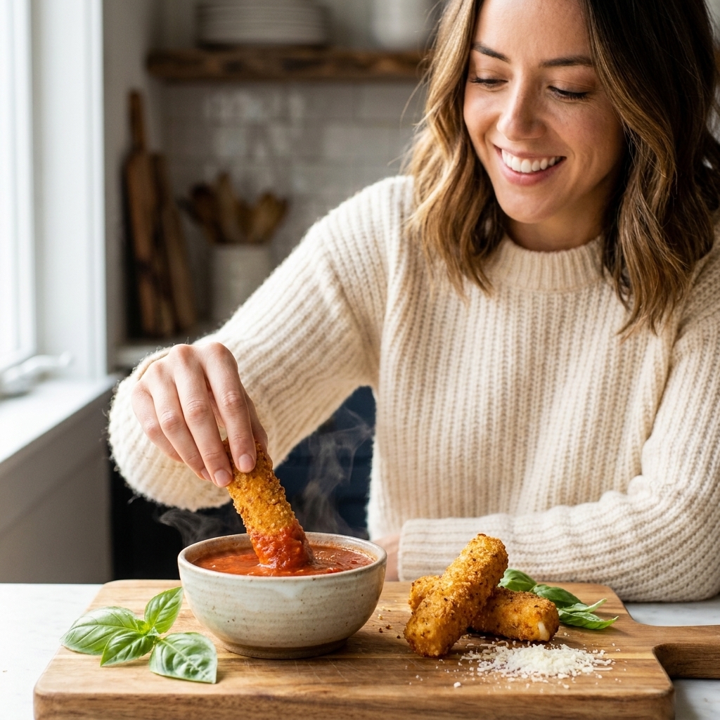 A hand dipping a crispy mozzarella stick into a small bowl of warm marinara sauce on a wooden board