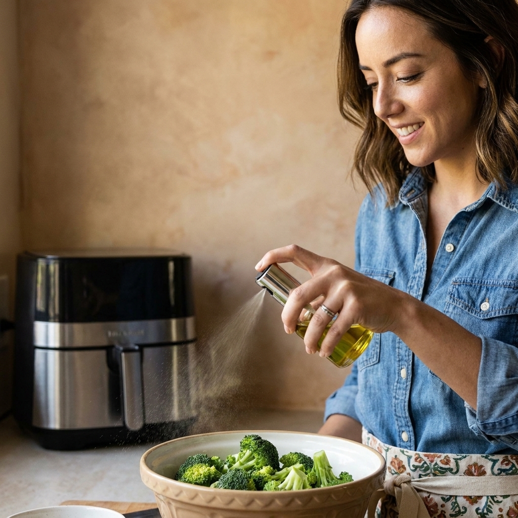 A hand using a small oil mister to lightly spray broccoli florets in a mixing bowl before air frying
