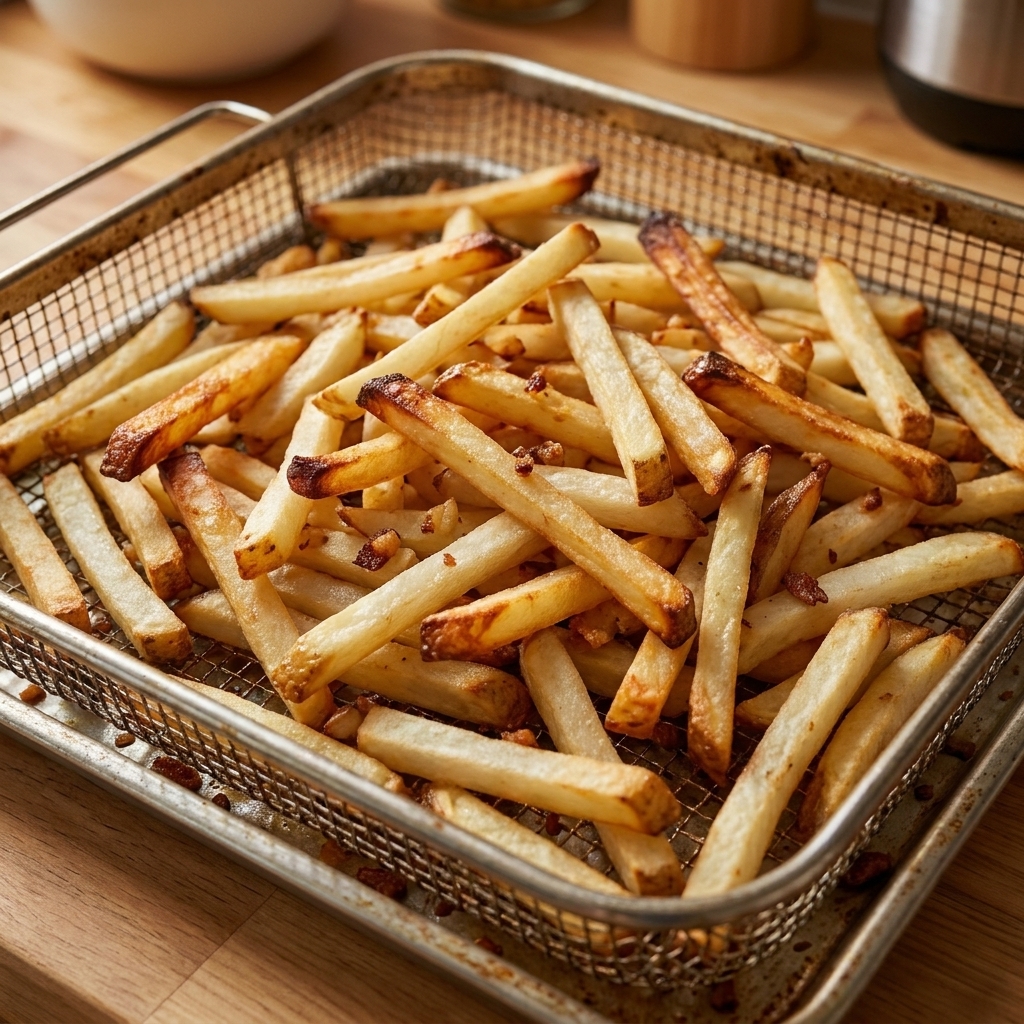A heap of leftover French fries spread in an air fryer basket, edges crisping and turning deep golden