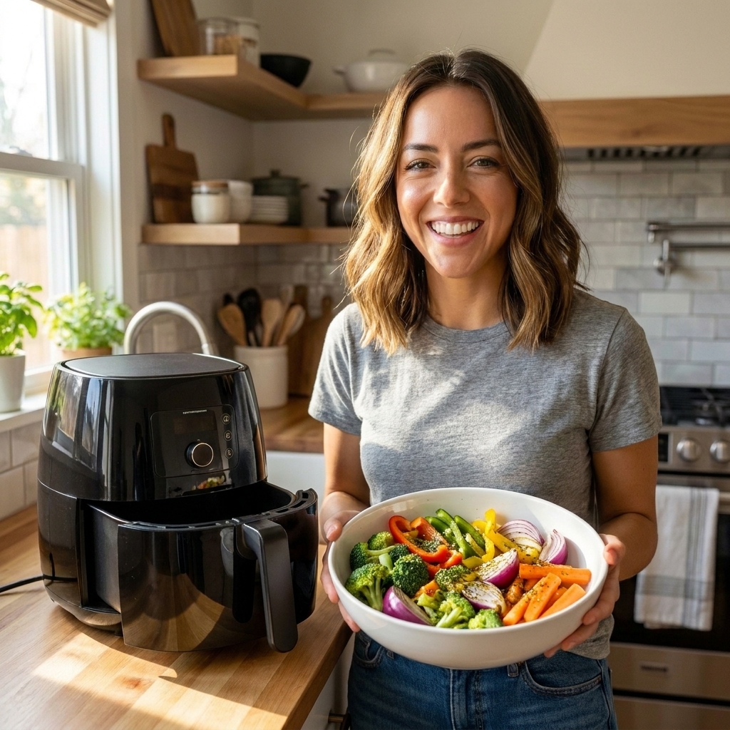 A kitchen counter scene with an air fryer next to a bowl of seasoned vegetables ready to be cooked