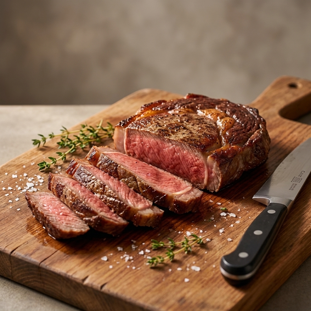 A medium-rare steak rested and sliced against the grain on a cutting board, with a knife beside it