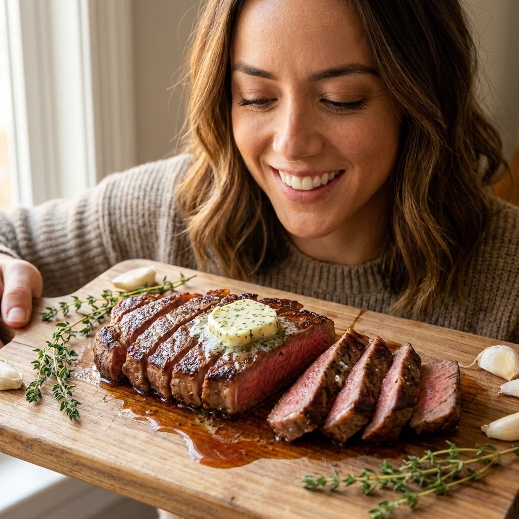 A pat of garlic butter melting on top of a hot sliced steak on a wooden cutting board with a small pool of juices