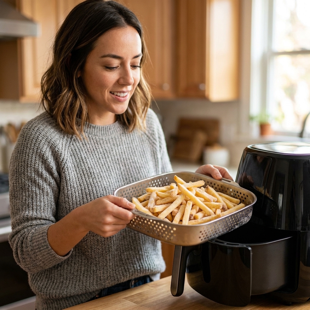 A perforated air fryer basket filled with frozen French fries just before cooking, photographed in a home kitchen