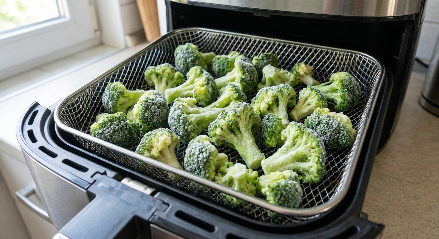 A photo of frozen broccoli florets spread in a single layer in an air fryer basket before cooking