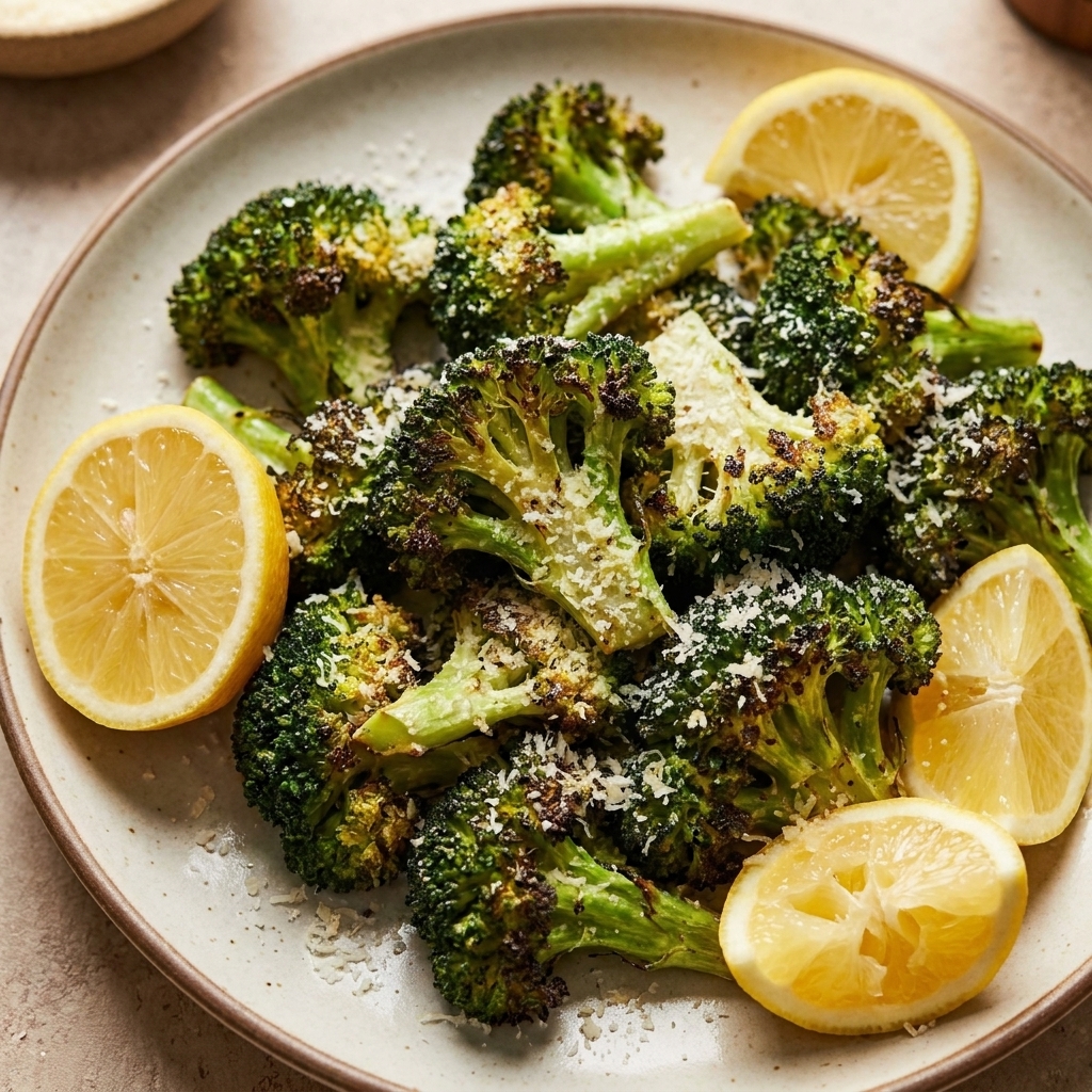 A photo of roasted broccoli on a plate topped with grated Parmesan and fresh lemon wedges
