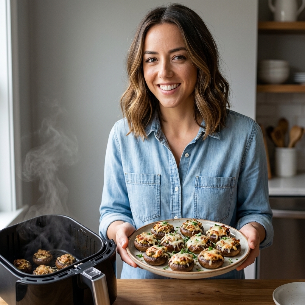 A plate of browned stuffed mushrooms with parmesan and herbs, fresh from the air fryer basket