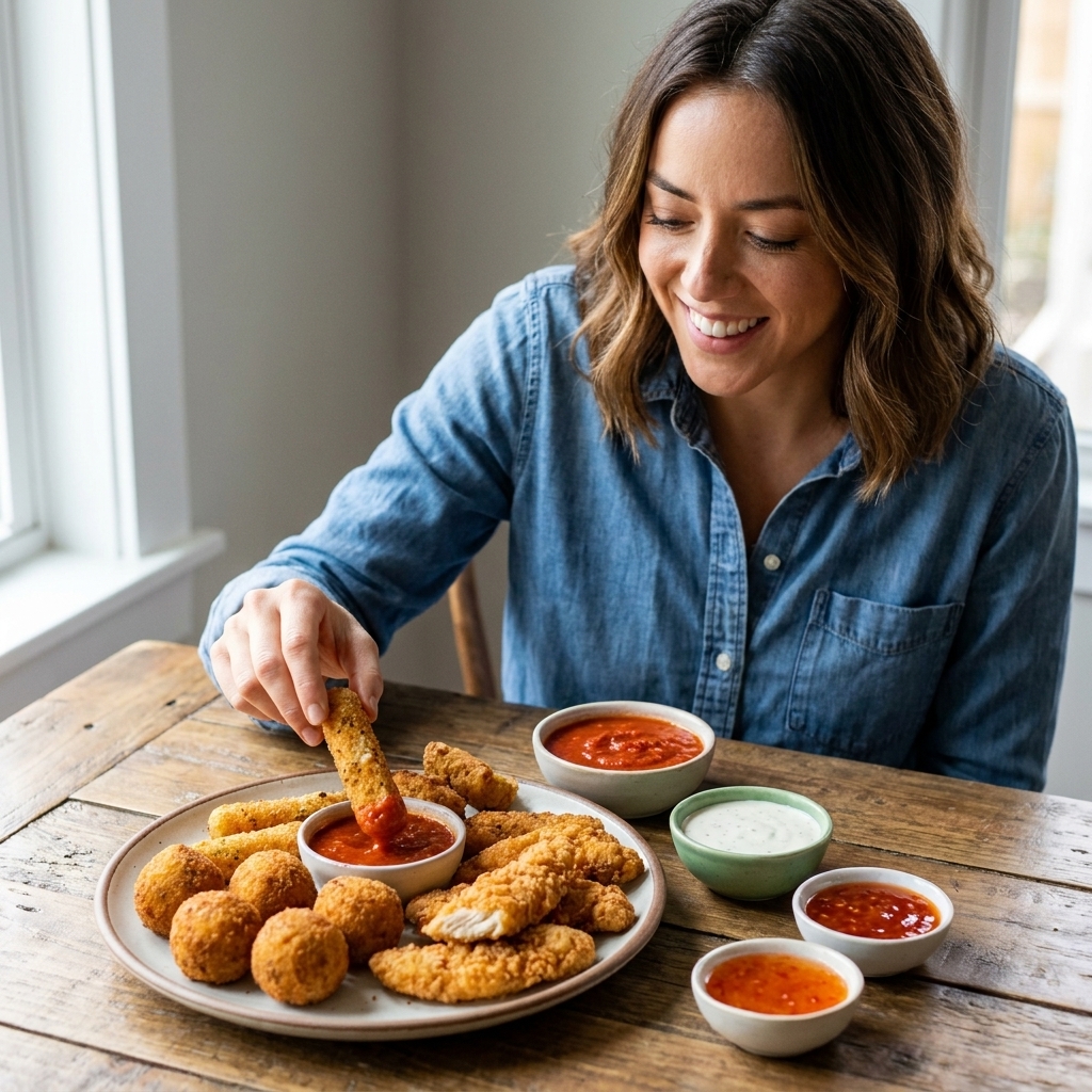 A plate of crispy air-fried appetizers served with small bowls of marinara, ranch, and sweet chili dipping sauces