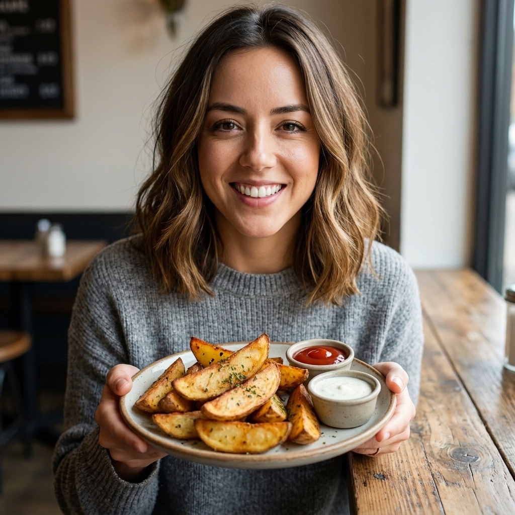A plate of crispy potato wedges served with a small bowl of ketchup and a small bowl of ranch dip