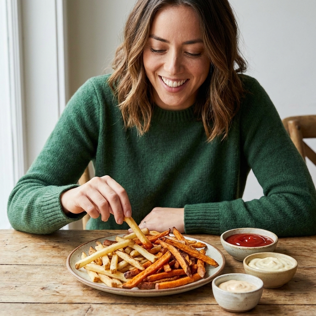 A plate of mixed regular and sweet potato fries on a wooden table with small bowls of ketchup and aioli nearby