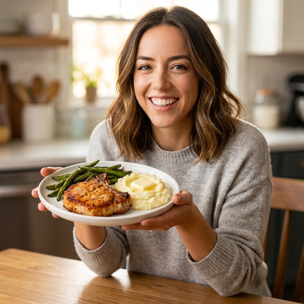 A plated dinner with a golden air fryer pork chop served with green beans and mashed potatoes on a white plate