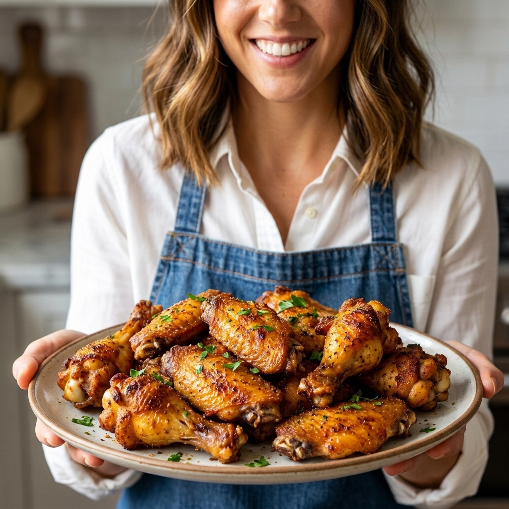 A platter of fully cooked air fryer chicken wings with deeply golden, blistered skin and visible crunchy texture