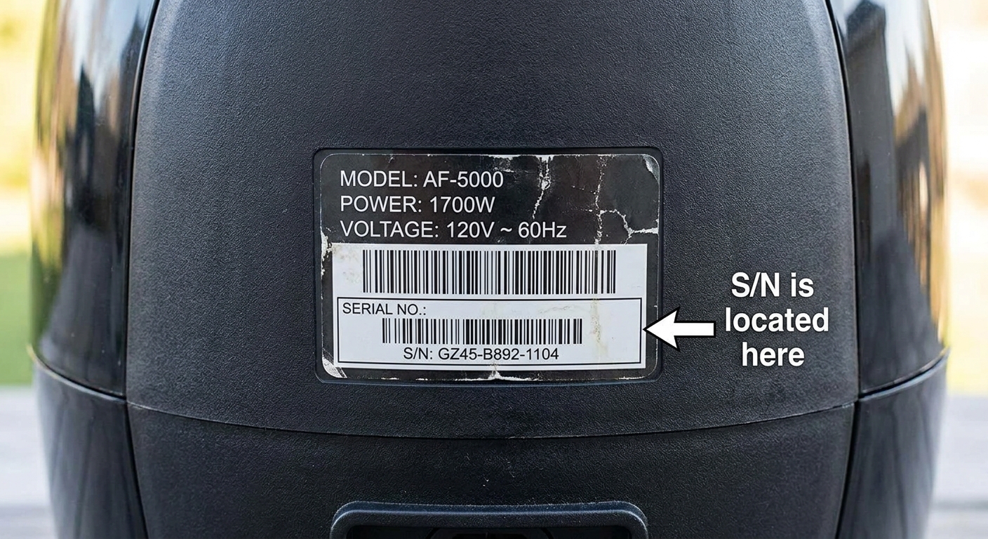 A product label on the back of an air fryer showing where the serial number is printed