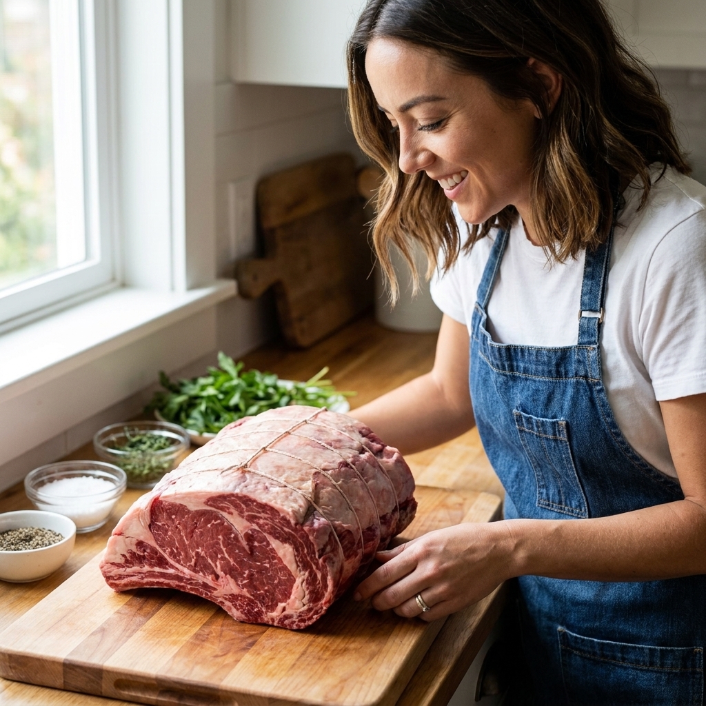 A raw beef roast tied with kitchen twine at even intervals on a cutting board