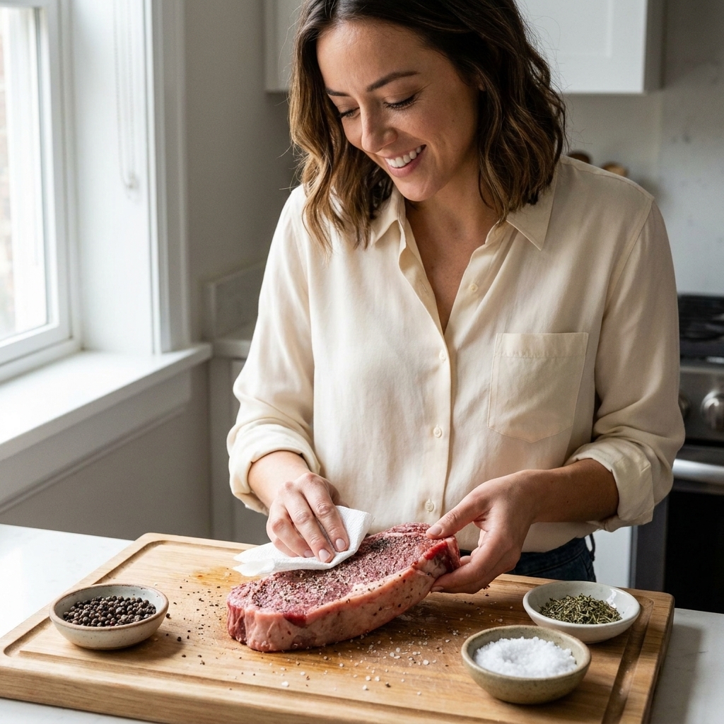 A raw strip steak patted dry and seasoned with salt and pepper on a wooden cutting board beside small bowls of spices