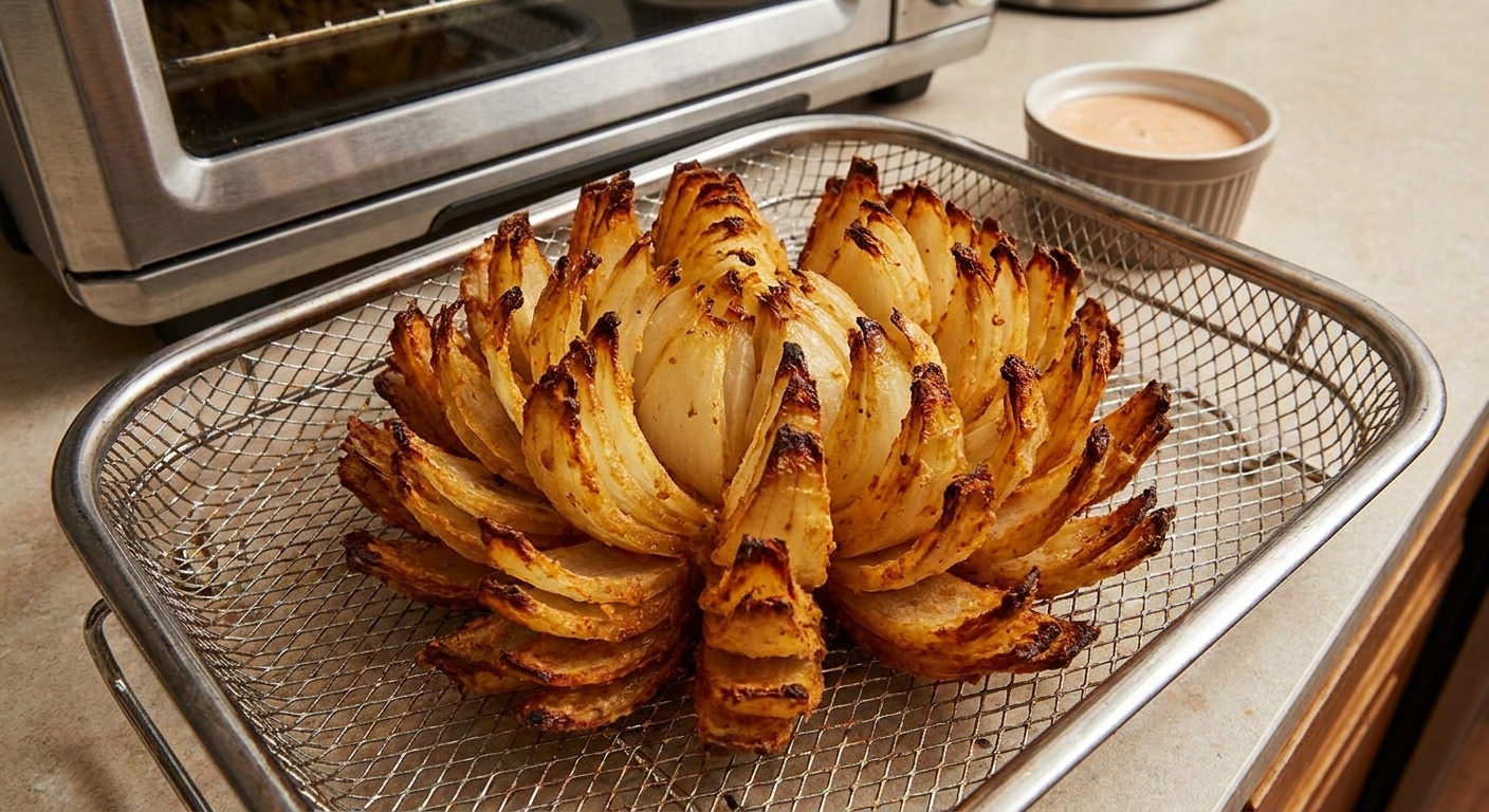 A reheated blooming onion sitting in an air fryer basket, petals fanned out and looking crisp with golden brown edges
