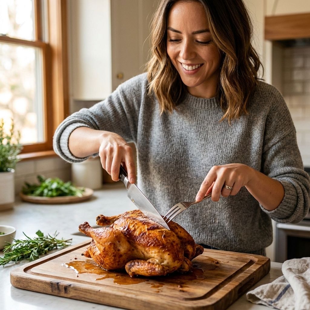 A rested air-fried whole-chicken on a wooden cutting board being carved, with crisp browned skin and visible juices on the board