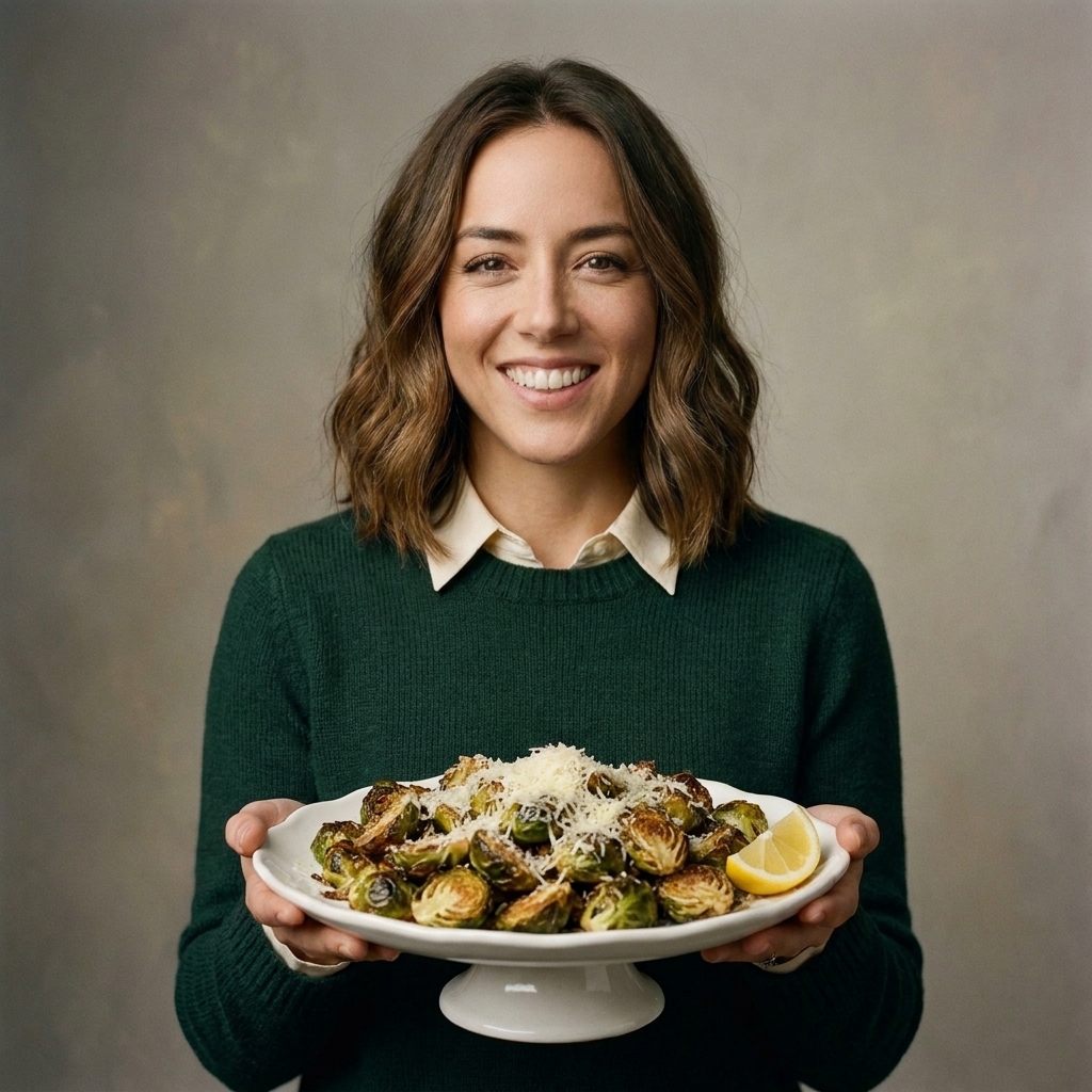 A serving plate of crispy Brussels sprouts finished with grated Parmesan and a lemon wedge on the side