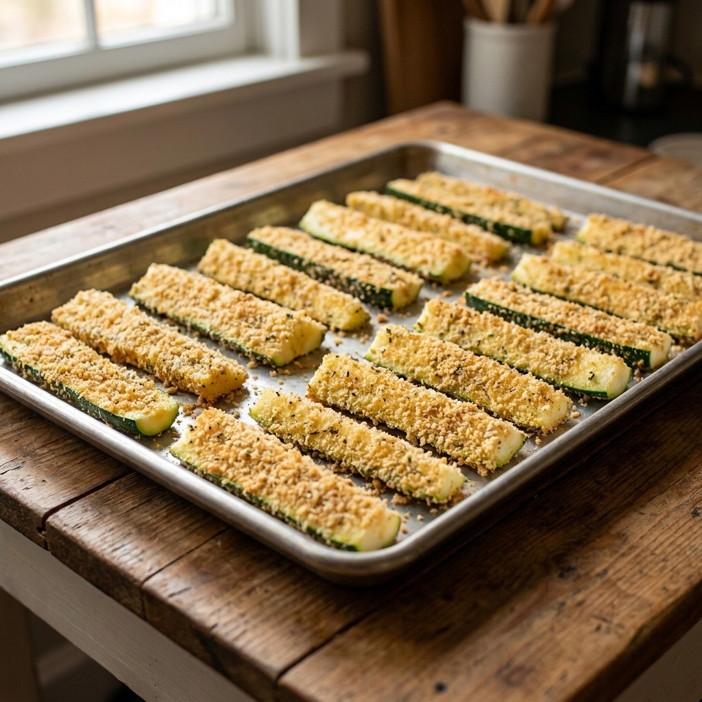 A single layer of breaded zucchini sticks resting before cooking on a sheet pan