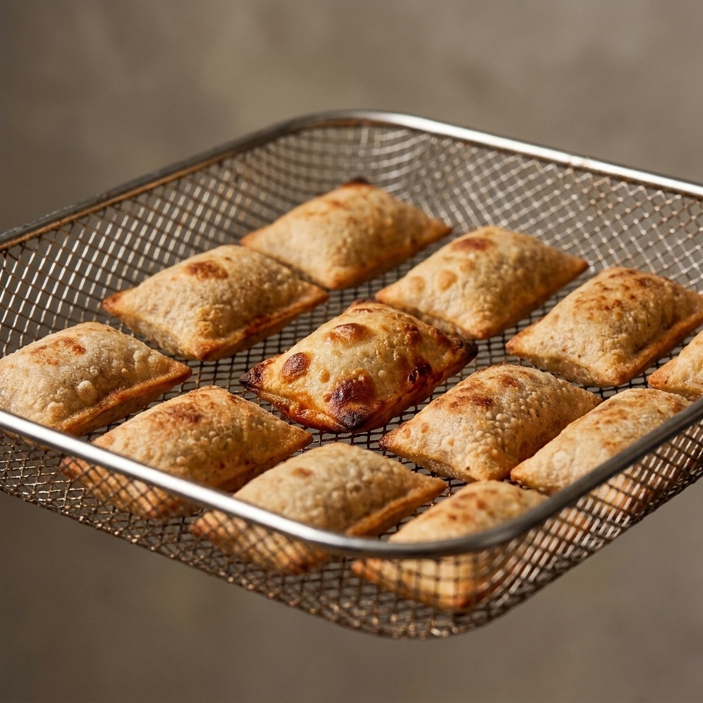 A single layer of pizza rolls in an air fryer basket, browned and crisp with a few showing slight bubbling on the edges