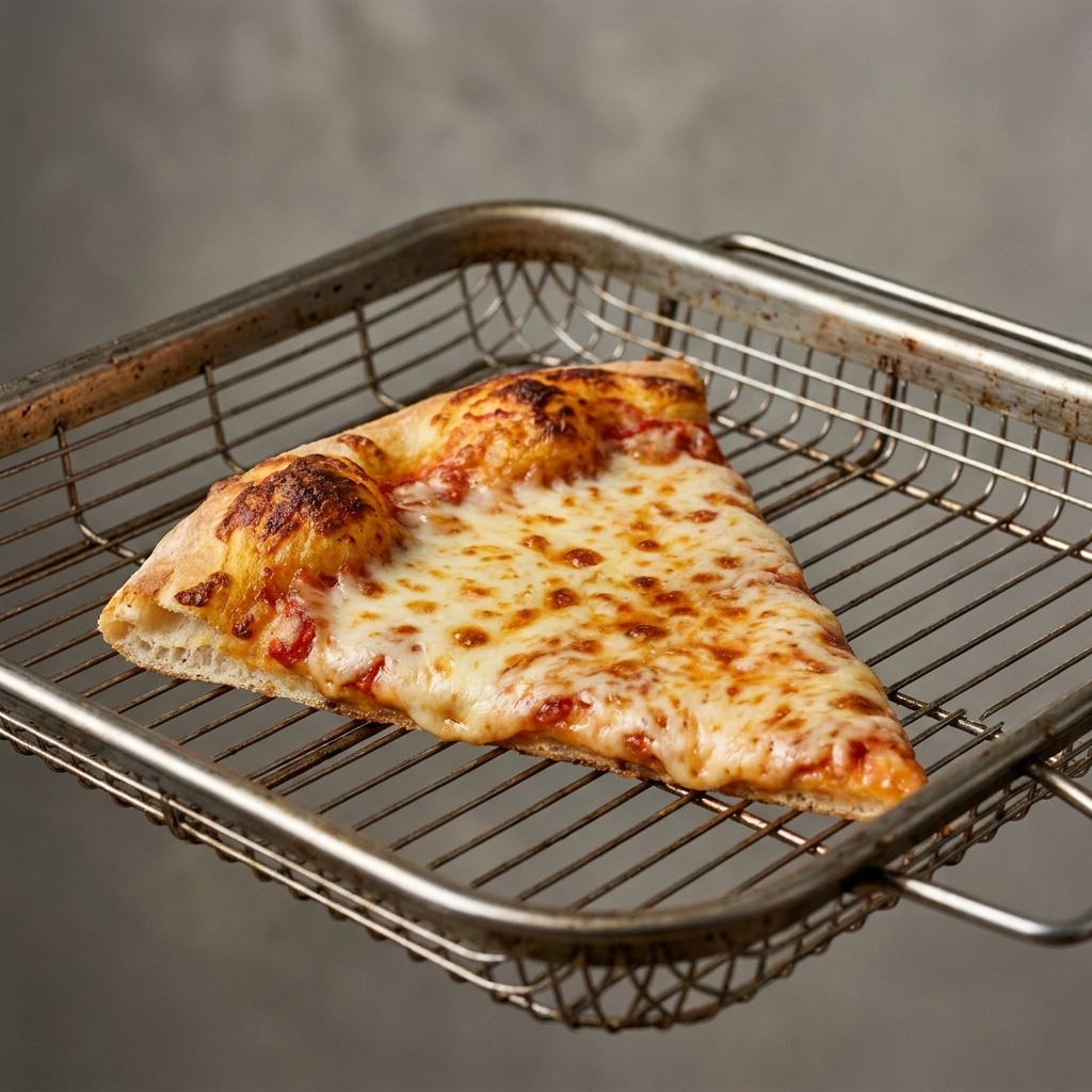 A single slice of leftover cheese pizza inside an air fryer basket with the crust turning golden and crisp