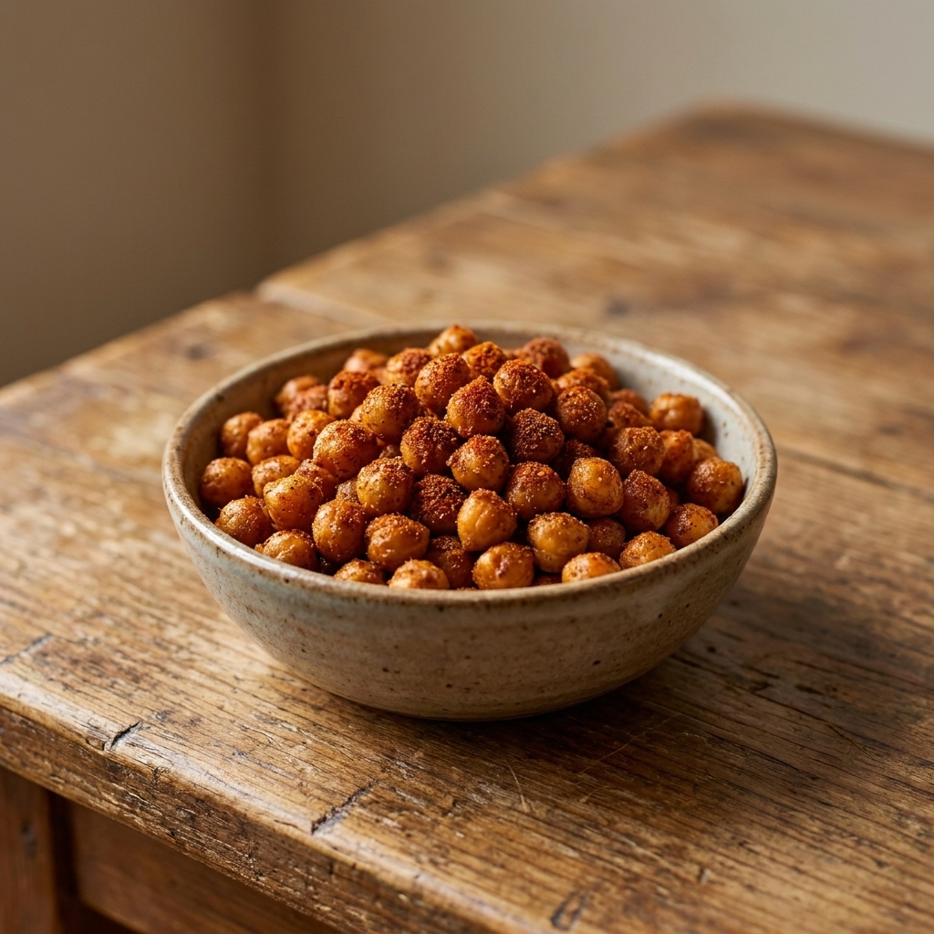 A small bowl of roasted chickpeas coated in reddish-brown spices on a wooden surface