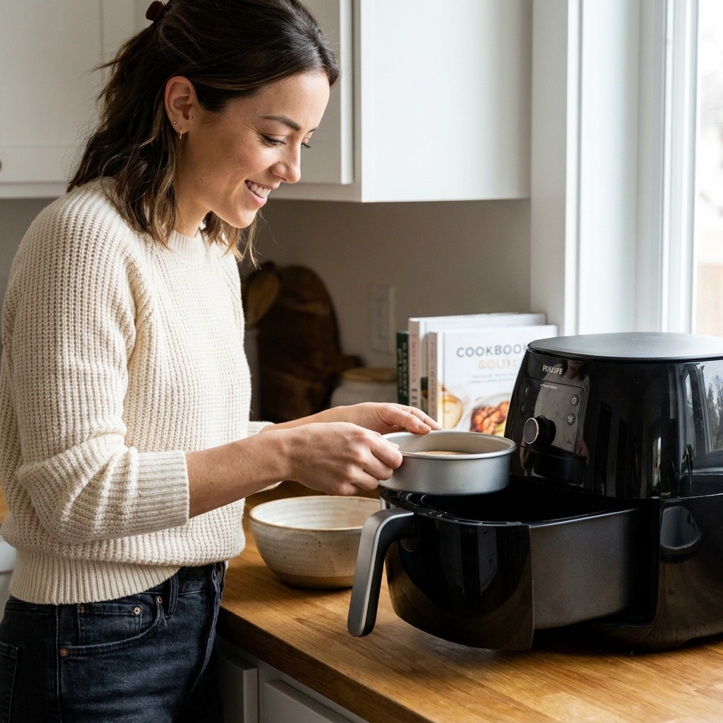 A small round metal baking pan being placed into an air fryer basket on a kitchen counter