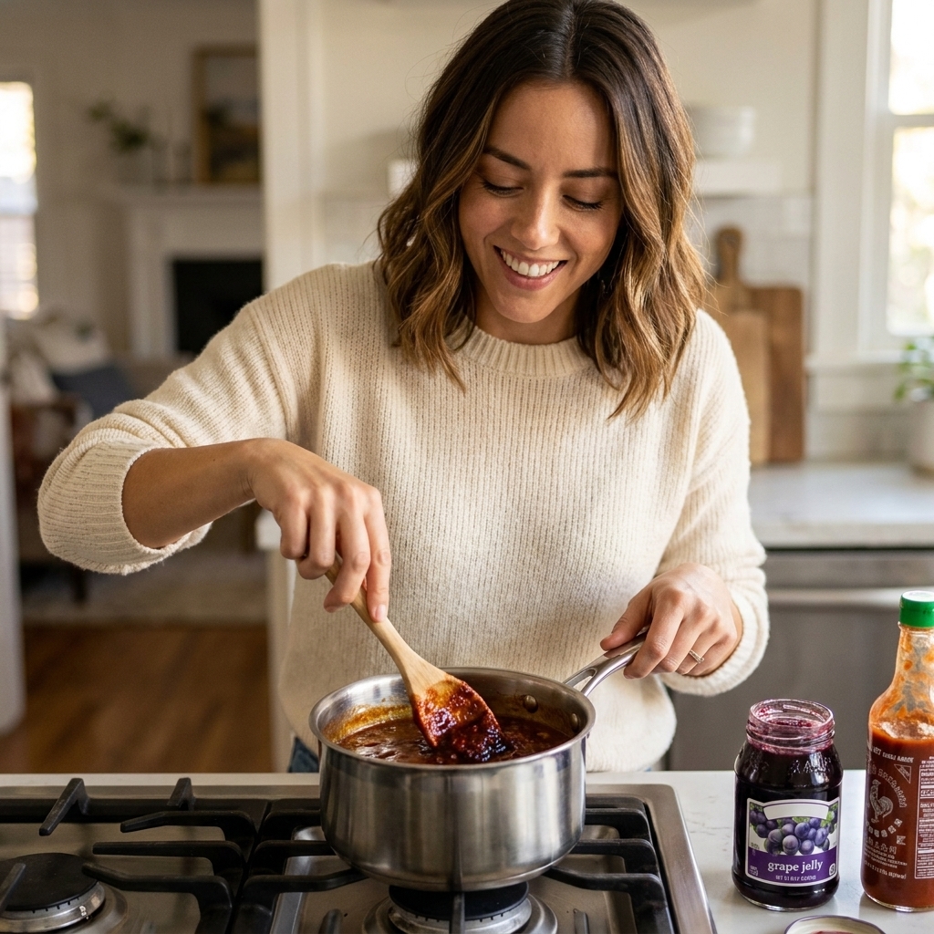 A small saucepan of chili sauce and grape jelly being stirred into a smooth glossy cocktail meatball sauce