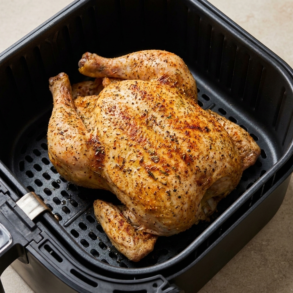 A whole seasoned chicken placed breast-side down in an air fryer basket with space around the sides for airflow