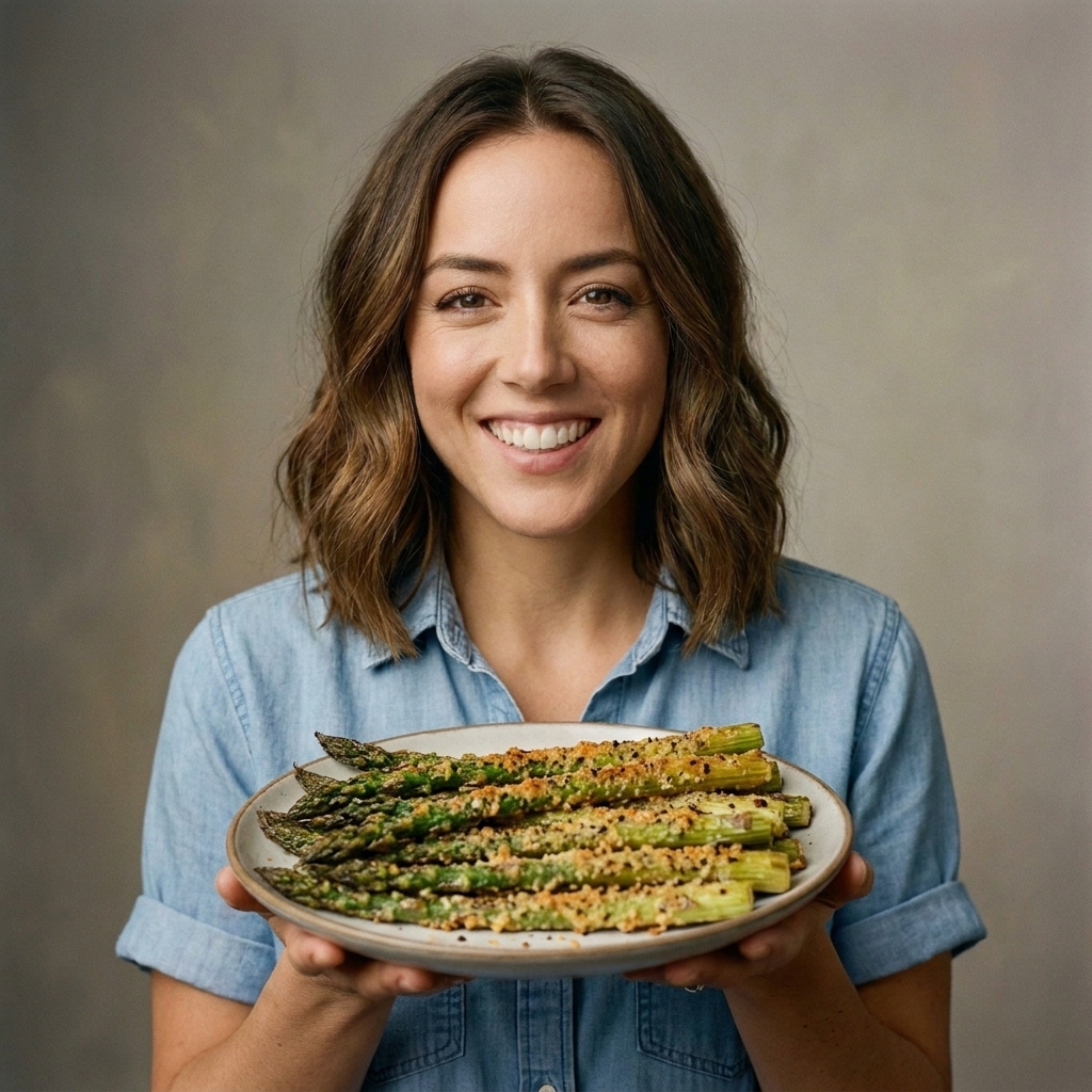 Air-fried asparagus spears coated in a golden Parmesan crust with black pepper