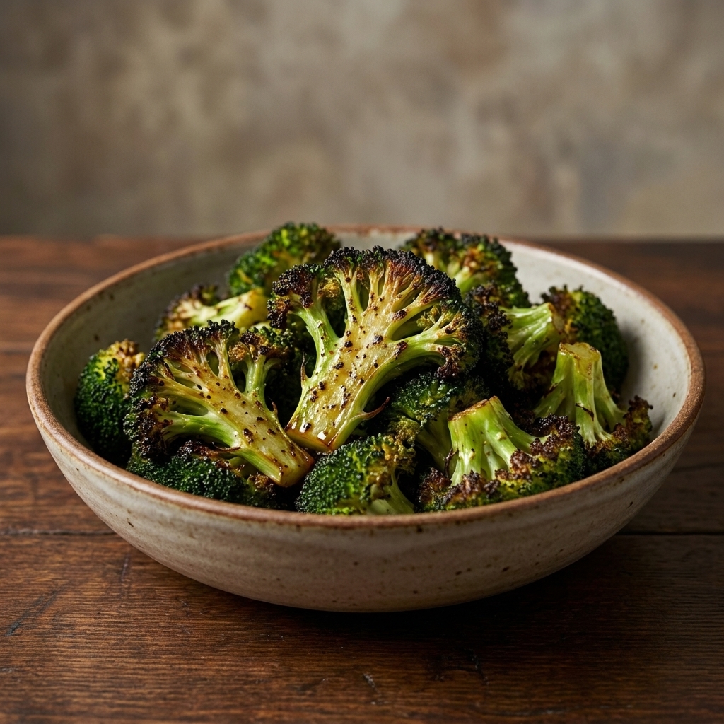 Air-fried broccoli florets with flattened tops and dark, crispy edges in a serving bowl
