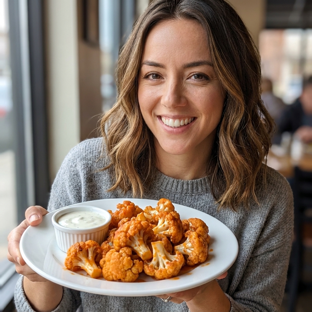 Air-fried cauliflower florets coated in buffalo sauce served with a small ramekin of ranch dressing
