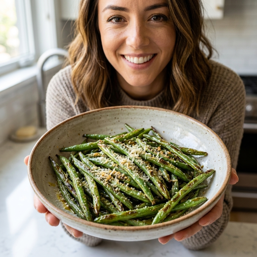 Air-fried frozen green beans in a bowl tossed with olive oil, garlic powder, and grated Parmesan, ready to serve