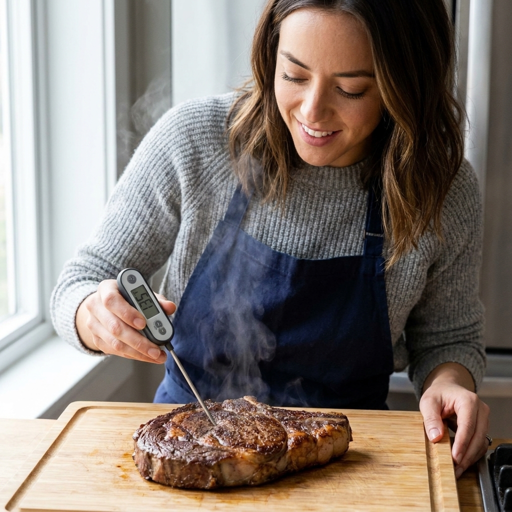 An instant-read thermometer being inserted into the thickest part of a cooked steak resting on a cutting board